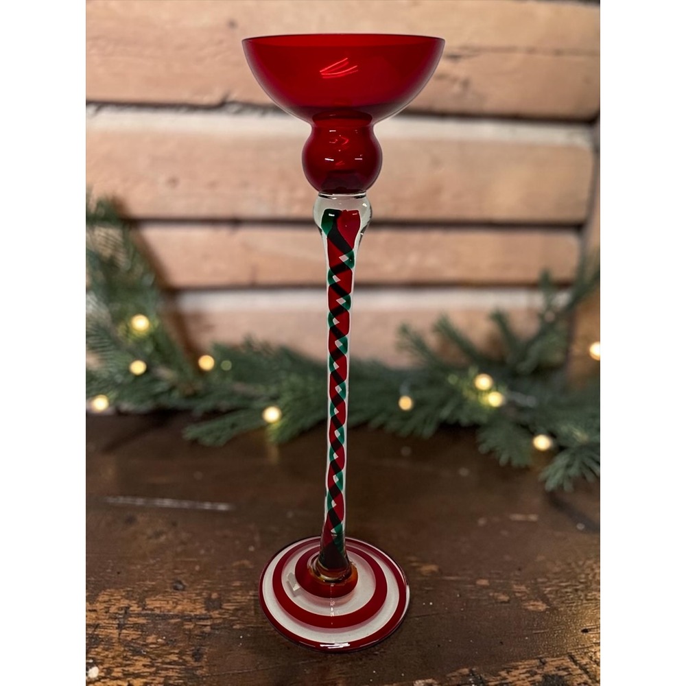 16" Candlestick Holder Red Green Clear Twisted Stem Poland Glass Christmas